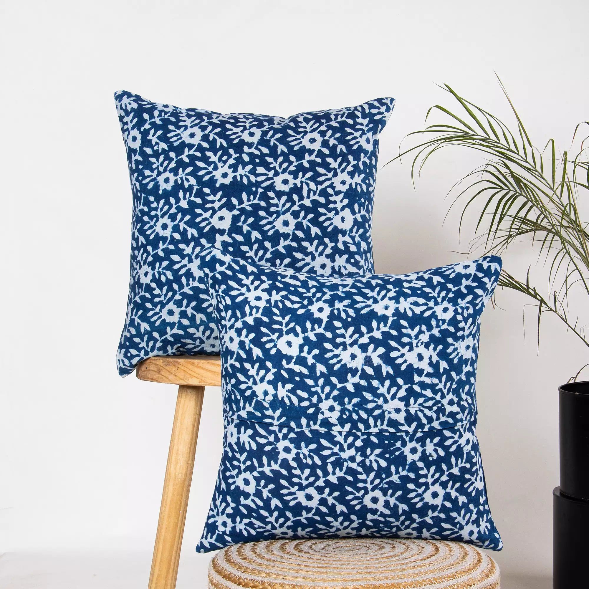 Indigo Blue Floral Printed Pure Cotton Cushion Covers